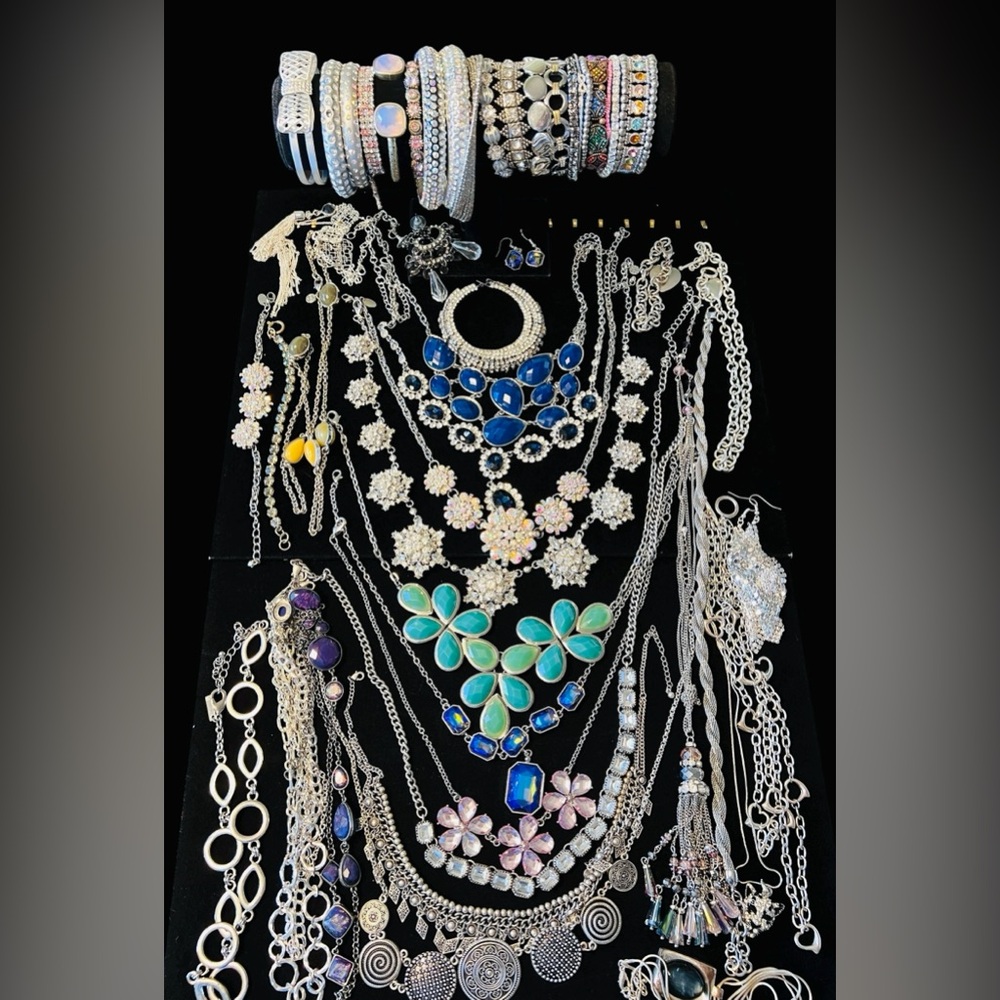 Vintage & Modern Silver Tone Floral Sparkly Glam Necklace & Bracelet Lot Of 40